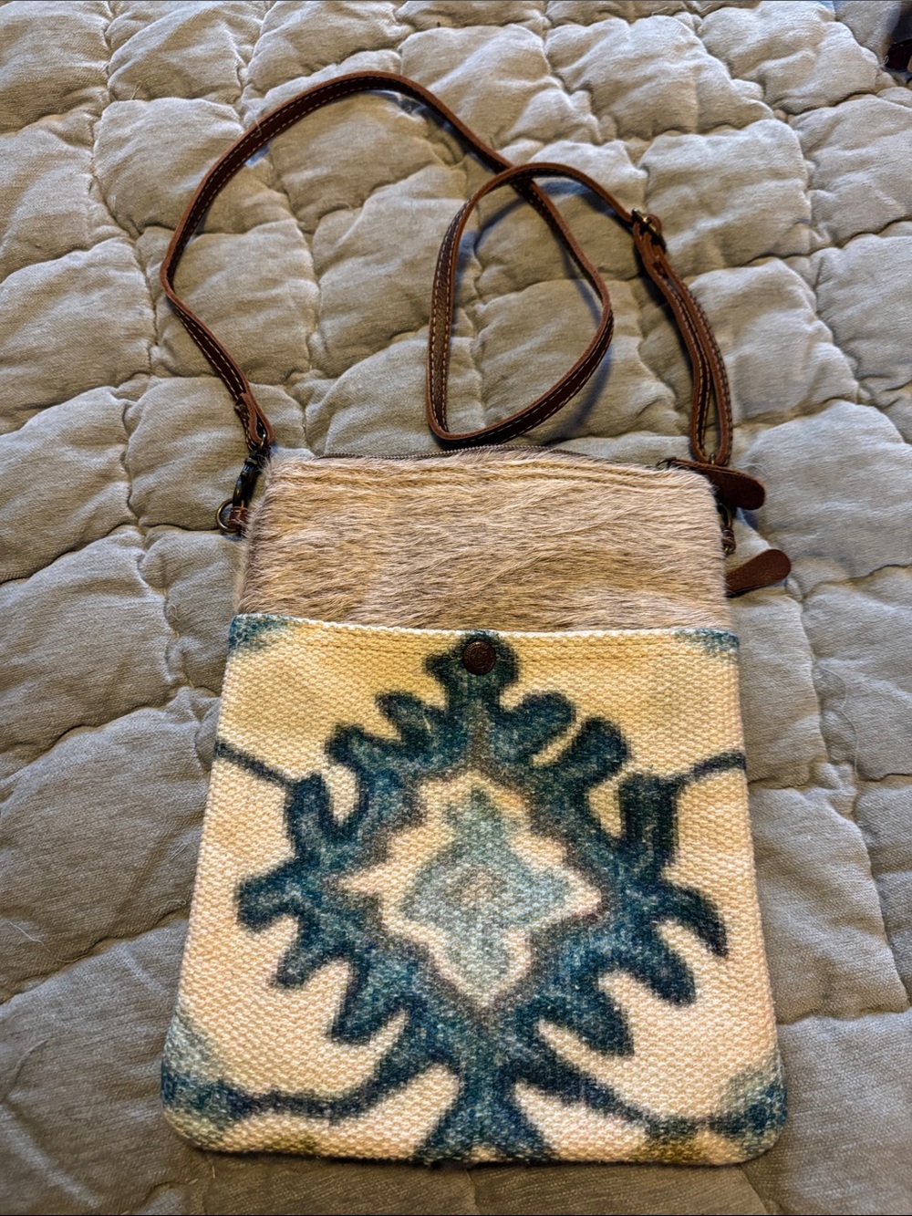 Myra Bag Cream & Teal Woven Crossbody with Brown Strap